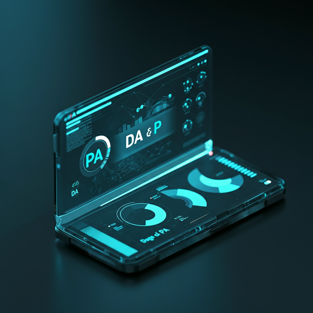 Combined image of Domain Authority (DA) and Page Authority (PA) with charts and metrics.