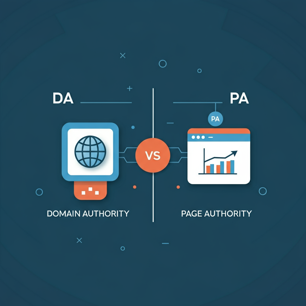 Side-by-side comparison of Domain Authority (DA) and Page Authority (PA) with charts and icons.