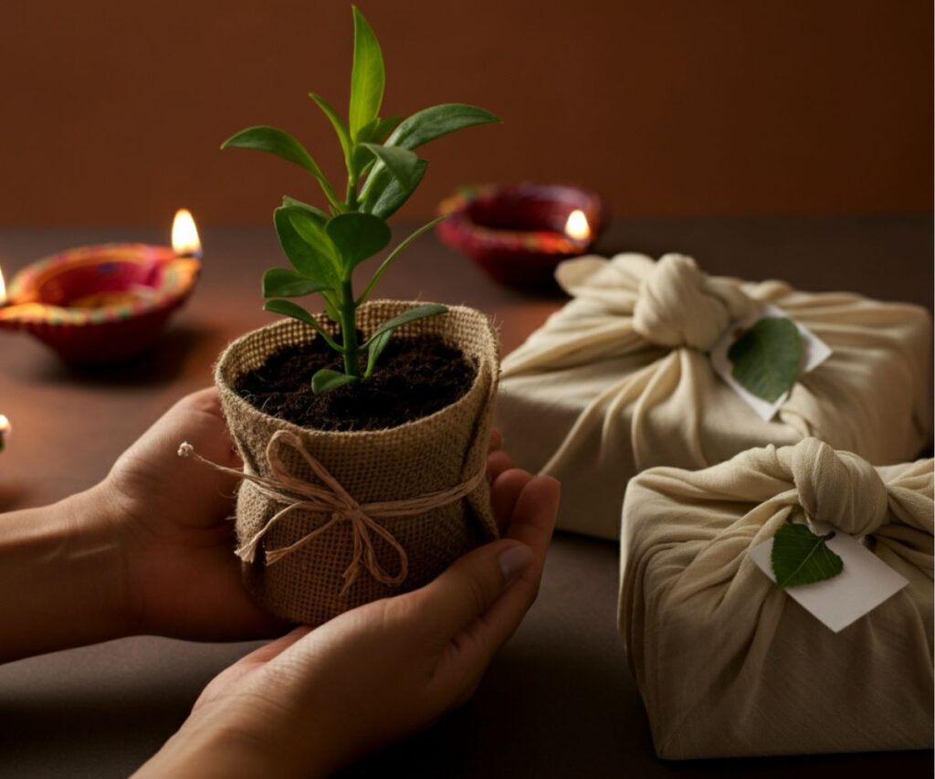 A person celebrating a sustainable festival by giving a plant as an eco-friendly gift.
