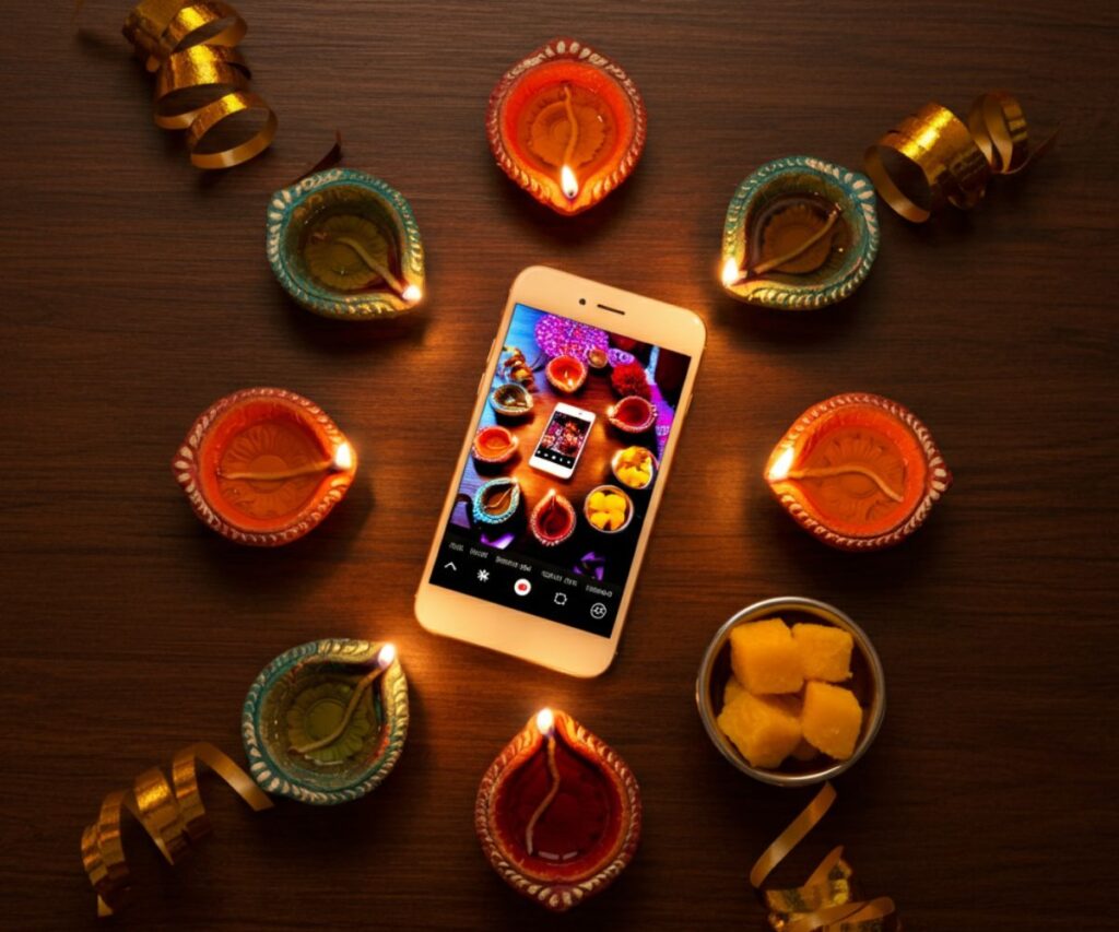 A social media-ready photo showing a smartphone with a festival post, surrounded by festive items.