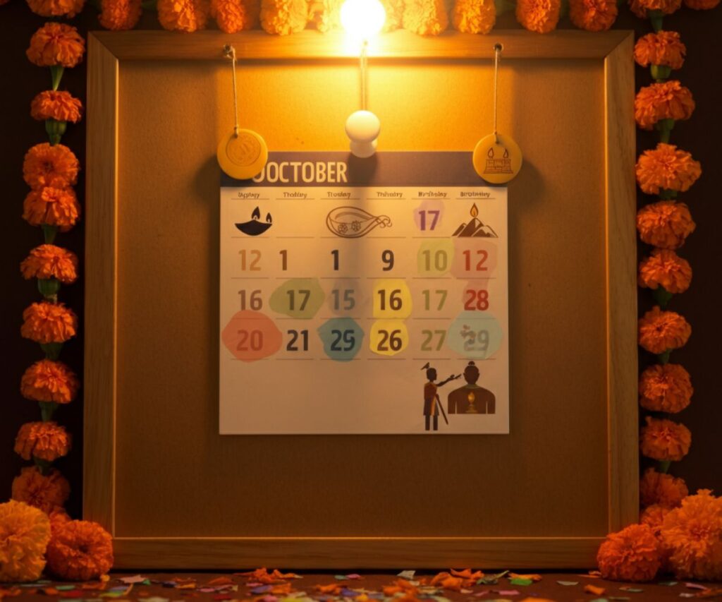 A calendar showing the main Diwali 2025 dates, from Dhanteras on Oct 17 to Bhai Dooj on Oct 21.