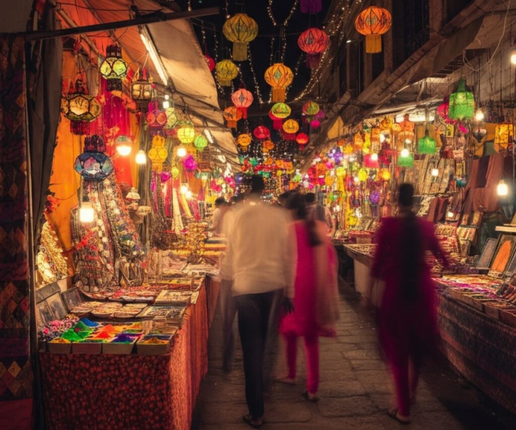 A vibrant street scene in India during the festival of lights, with buildings illuminated and people celebrating.