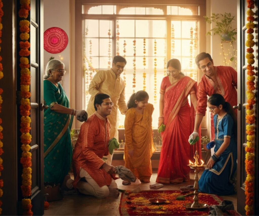 A family working together to clean and decorate their home with flowers in preparation for the festivities.