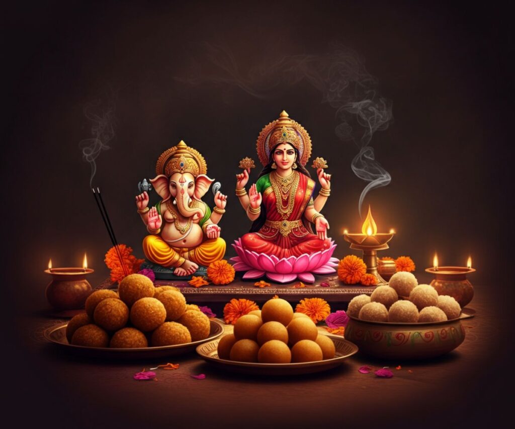 An altar prepared for Lakshmi Puja on the main festival day, with offerings and a ceremonial lamp.