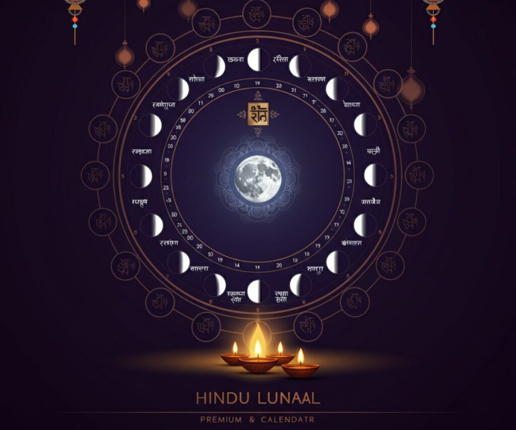 A diagram of the Hindu lunar calendar showing how the new moon phase determines the date for Deepavali.