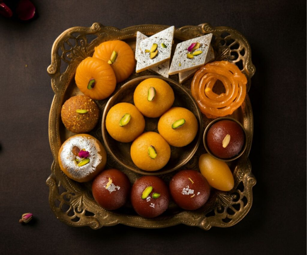 A platter showcasing a variety of traditional Indian sweets prepared for the festival of lights.
