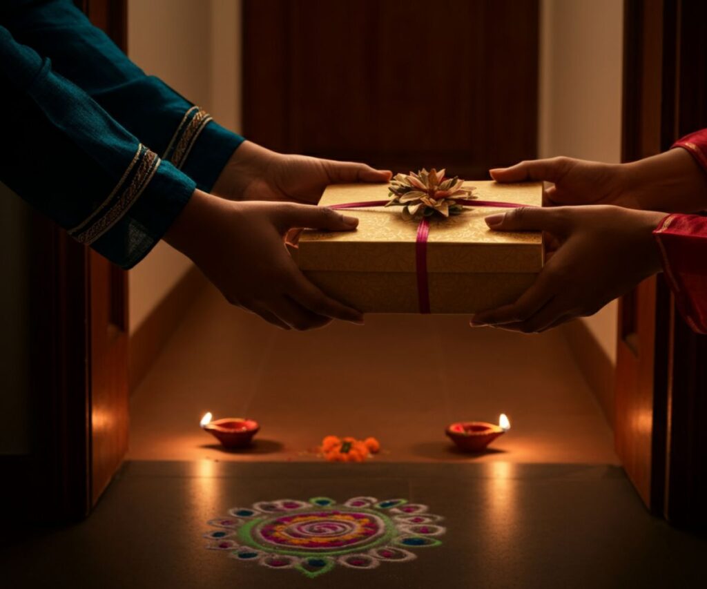 A lively night market filled with shoppers buying festive decorations and gifts for the celebrations.