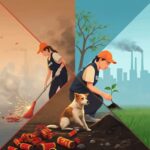 A composite image showing a person sweeping up firecracker debris on one side, a hand planting a small sapling on another, a volunteer gently tending to a stray dog in the center, and a clear blue sky emerging from a smoggy background, symbolizing a cleaner future.