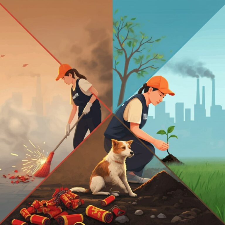 A composite image showing a person sweeping up firecracker debris on one side, a hand planting a small sapling on another, a volunteer gently tending to a stray dog in the center, and a clear blue sky emerging from a smoggy background, symbolizing a cleaner future.