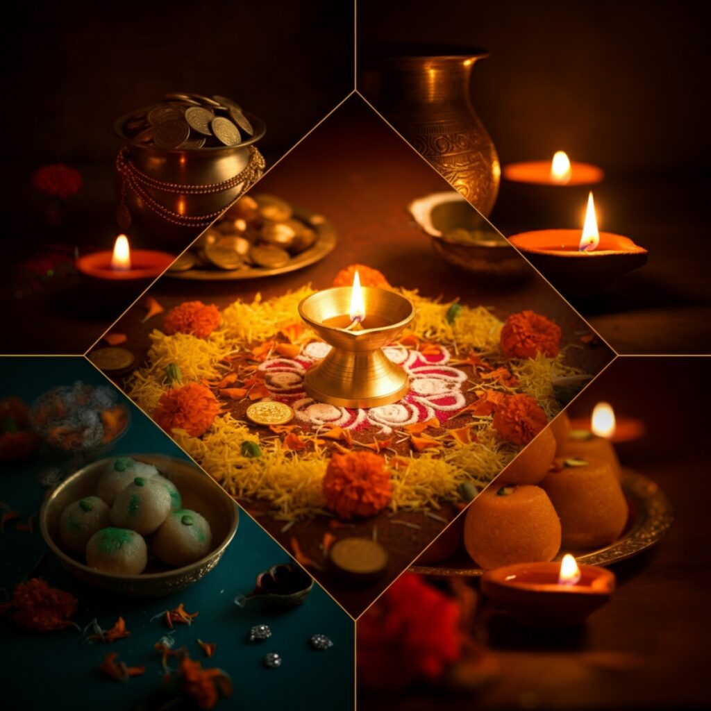 A festive scene showing glowing diyas for the Diwali festival and gold coins for Dhanteras 2025.