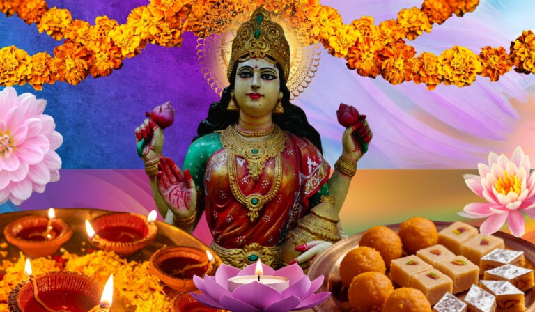 Devotees offering prayers to Mata Ji during Diwali puja surrounded by lights and candles.