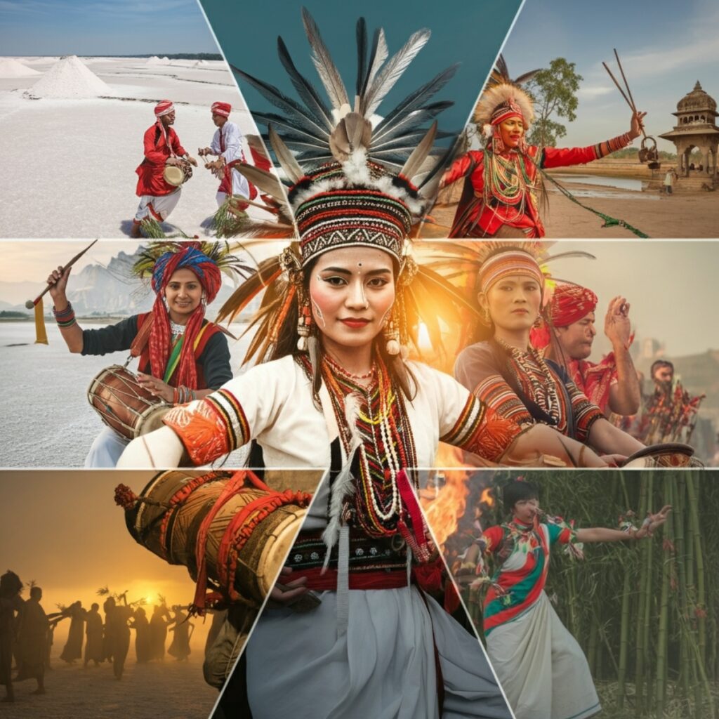 Colorful celebration of Indian festivals with people dancing, lights, traditional attire, and decorations representing cultural diversity of India