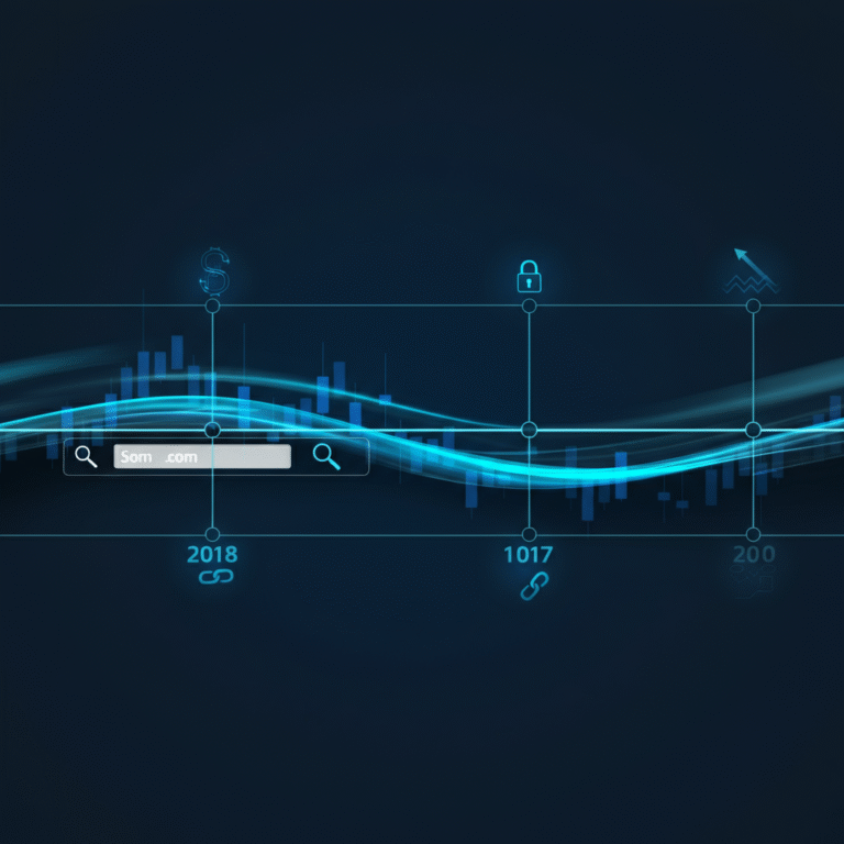 Composite image showing a domain registrar interface beside a horizontal timeline with year markers, plus subtle SEO icons for backlinks, ranking growth, and search.