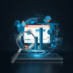 Domain and Page Authority analysis dashboard with magnifying glass, charts, and global SEO performance visualization