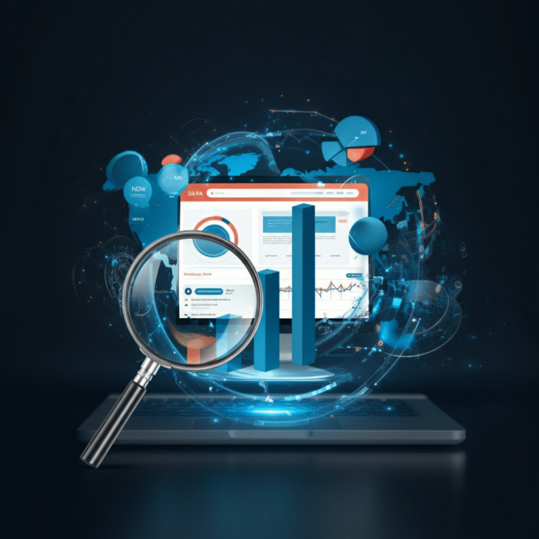 Domain and Page Authority analysis dashboard with magnifying glass, charts, and global SEO performance visualization