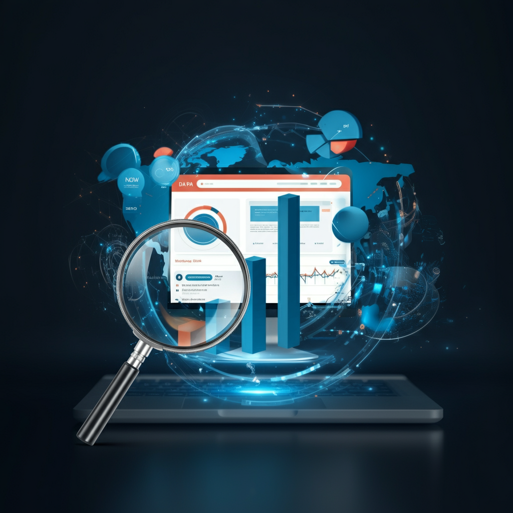 Domain and Page Authority analysis dashboard with magnifying glass, charts, and global SEO performance visualization